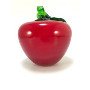 Handblown Art Glass Apple Paperweight with Attached Stem and Leaf